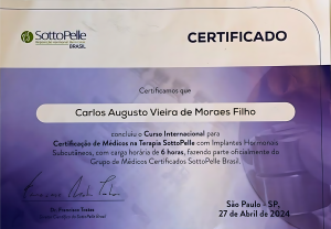 Dr. Carlos Moraes concluiu o Curso Internacional para Certificação de Médicos na Terapia SottoPelle com Implantes Hormonais Subcutâneos. Abril 2024
