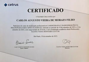 Dr. Carlos Moraes, participou do curso de atualização profissional em LASERTERAPIA E RADIOFREQUÊNCIA FRACIONADA PARA GINECOLOGISTAS, em setembro de 2023.